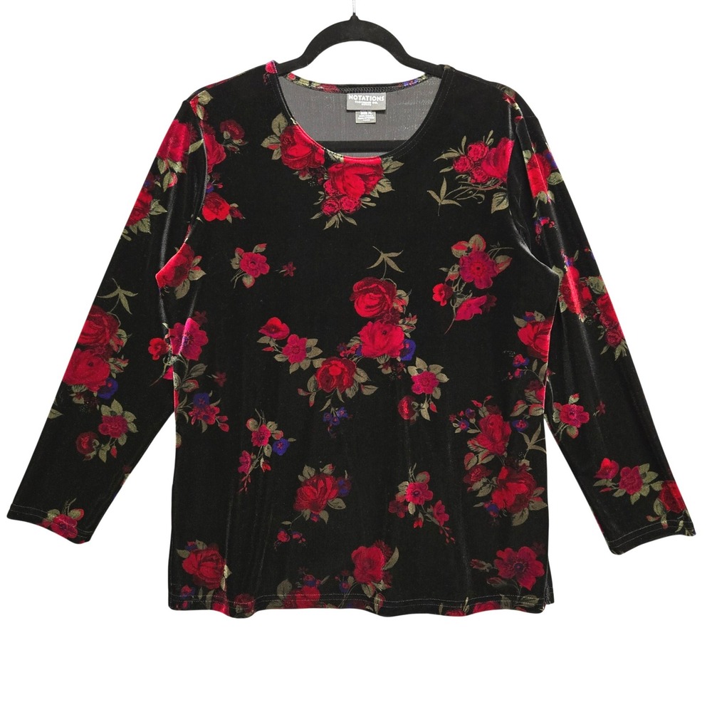 Vintage Floral Top Whimsigoth PL Black Red Velvet Long Sleeve Stretch Side Slits